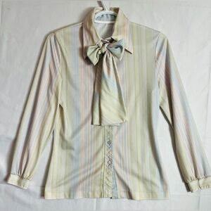 Vintage Pastel Striped Collar Bow Blouse | Retro 70s Aesthetic